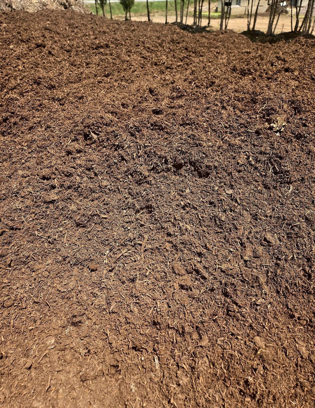 A large pile of mulch in the yard with rows of nursery trees behind it
