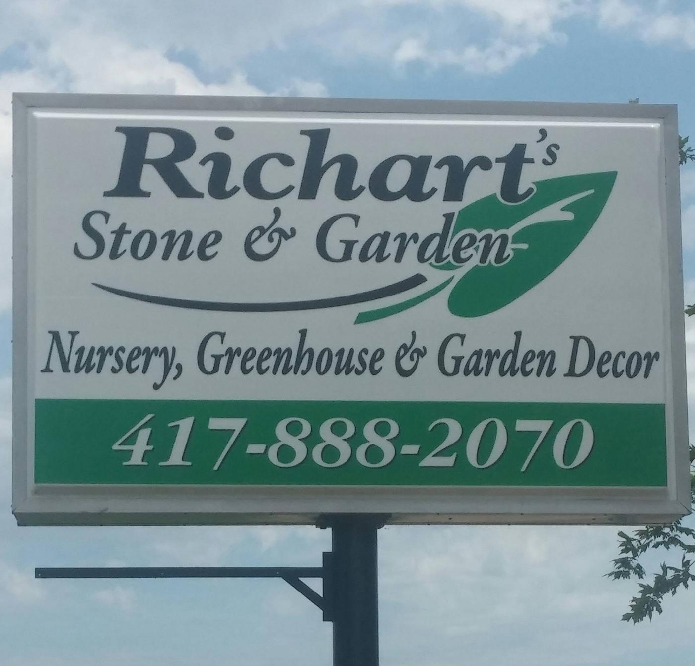 The Richart's Stone and Garden roadside sign on US-60, reading Nursery, Greenhouse and Garden Decor